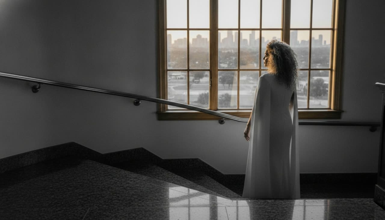 Astrid Tovar de pie frente a una ventana al amanecer, en lo alto de una escalera