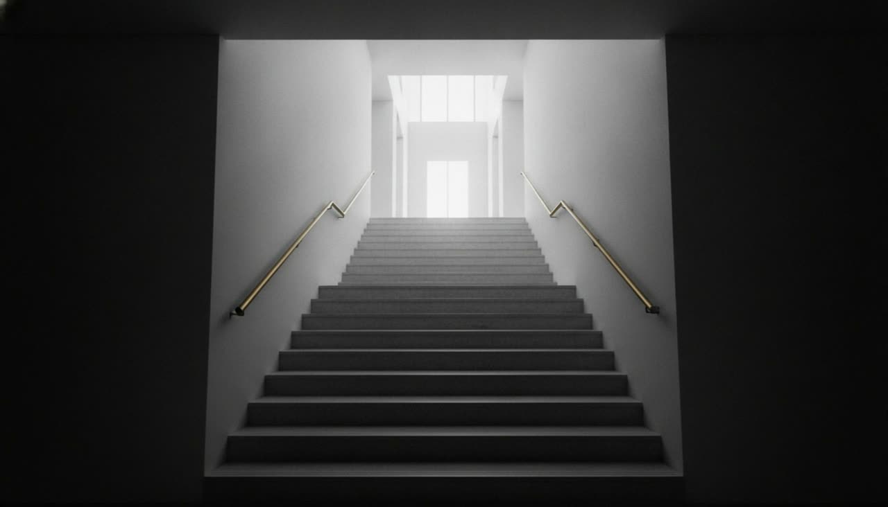 Escalera que sube hacia la luz con pasamanos dorados, símbolo del Sistema ESCALA