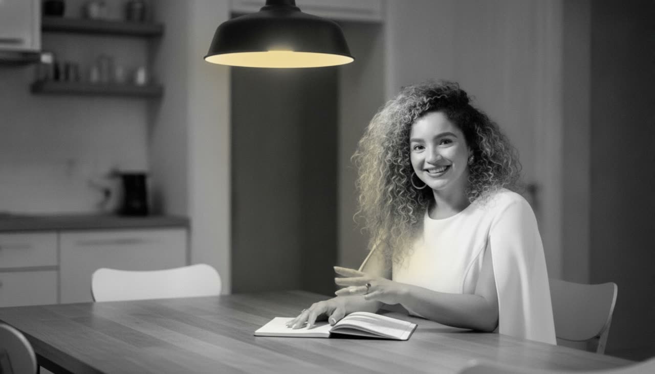 Astrid Tovar, profesional financiera, sonriendo en una mesa de cocina con un cuaderno abierto